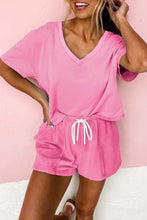 V Neck Drop Shoulder Tee and Patchwork Drawstring Elastic Waistband Shorts Set