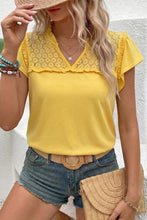 Sheer Lace Splicing Split Neck Ruffle Short Sleeve Blouse