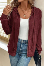 Ribbed Zip Up Front Drawstring Hoodie