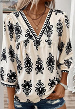 Vintage Geometric Printed 3/4 Sleeve V Neck Blouse