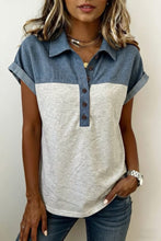 Denim Patchwork Buttoned Polo Collar Top