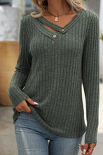 Ribbed Long Sleeve Buttoned Strap V Neck Top