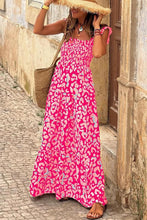 Leopard Ruffle Straps Smocked High Waist Long Dress