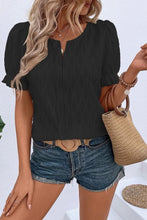 Textured Notched Neck Puff Sleeve Blouse