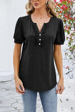 Buttoned V Neck Frilled Short Sleeves Top