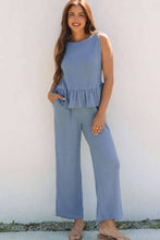 Solid Color Ribbed Ruffle Tank Top and Pants Set