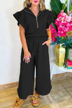 Ruffled Sleeve Zipped Top and Wide Leg Pants Set