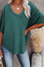 Exposed Seam Half Sleeve Knitted V Neck Textured Top