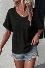Textured Rolled Short Sleeve V Neck Top