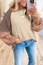 Mixed Print Raglan Sleeve Ribbed Knit Patchwork Blouse
