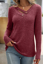 Ribbed Long Sleeve Buttoned Strap V Neck Top