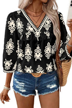 Vintage Geometric Printed 3/4 Sleeve V Neck Blouse