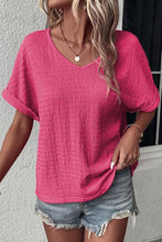 Textured Rolled Short Sleeve V Neck Top