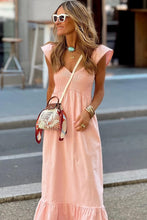 V Neck Flutter Sleeve Smocked Bodice High Waist Ruffle Maxi Dress