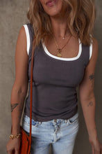 Ribbed Knit Colorblock Edge U Neck Slim Fit Tank Top