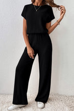 Ribbed Keyhole Short Sleeve Wide Leg Jumpsuit