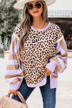 Stripe Color Block Patchwork Leopard Casual Sweatshirt with Slits