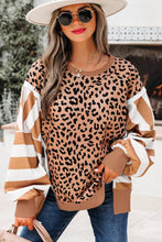 Stripe Color Block Patchwork Leopard Casual Sweatshirt with Slits