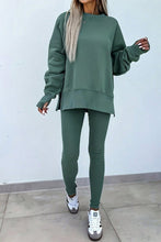 Solid Color Oversize Slit Sweatshirt Ribbed Leggings 2pcs Set