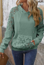 Lace Patchwork Raglan Sleeve Kangaroo Pocket Waffle Hoodie