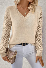 Solid V Neck Pointelle Knit Sleeve Patchwork Sweater