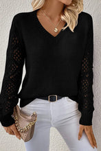 Solid V Neck Pointelle Knit Sleeve Patchwork Sweater