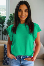Solid Color Ribbed Trim Round Neck Ruffle Short Sleeve Sweater