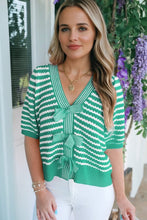 Stripe Short Sleeve Knit V Neck Bow Knot Sweater
