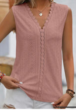 V Neck Lace Edge Eyelet Pattern Top