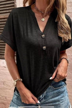 Button V Neck Rolled Short Sleeve Top